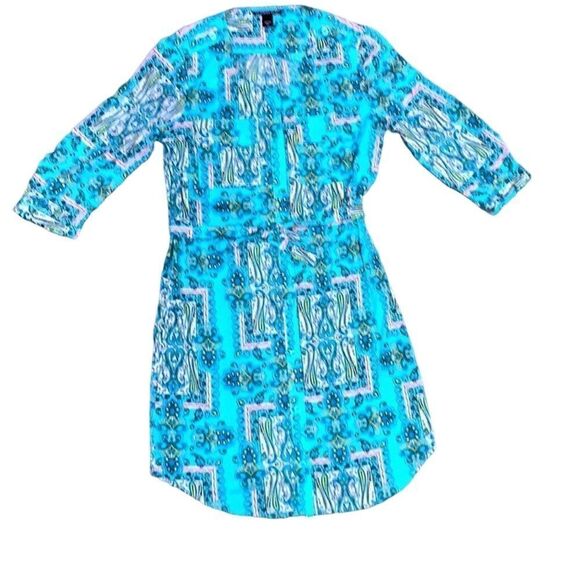 Victoria Secret S/P Turquoise Button-down Silky Retro Print Mini Dress Summer - Picture 1 of 11